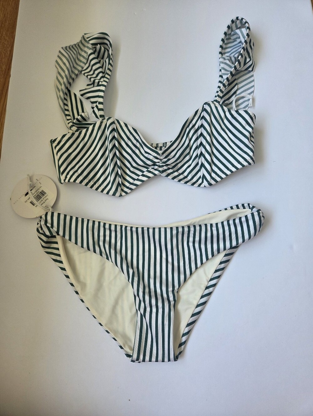 NWT Tori Praver Bikini XS Green Striped Caila Set $189 Preppy Resort 2pc Ruffle